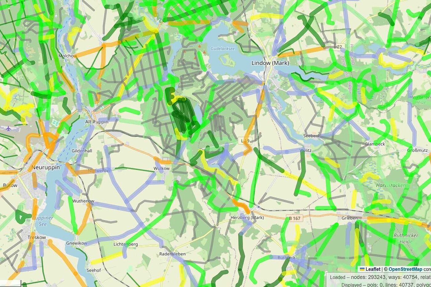 Landkarte mit farblich gekennzeichneten Wegen